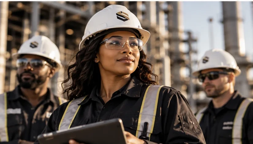 AI-generated illustration of technical professionals at an energy facility